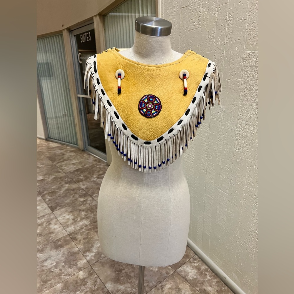 Vintage Native American Beaded Fringe Tan Leather Cape Vest